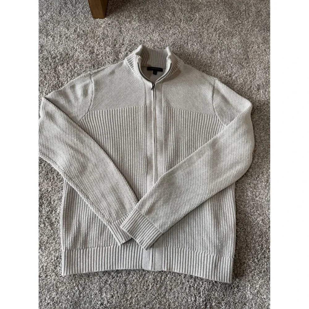 Banana Republic Mens Full Zip Cardigan Sweater Beige Ribbed Knit Mock Neck Large